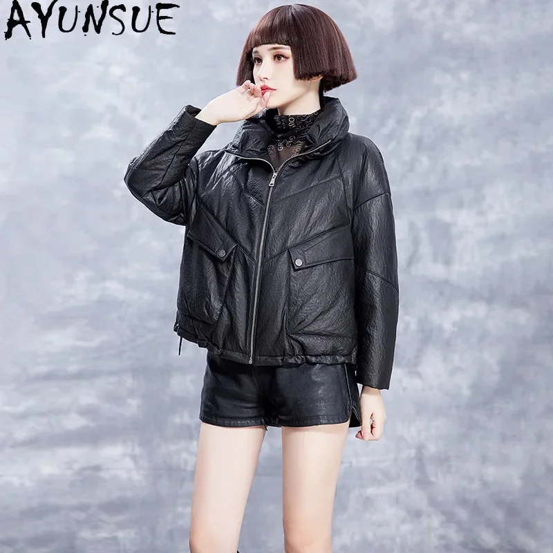 

Genuine AYUNSUE Sheepskin Leather Jackets for Women 2024 Winter Short Puffer Jacket Loose Down Coats Chaquetas Para Mujeres