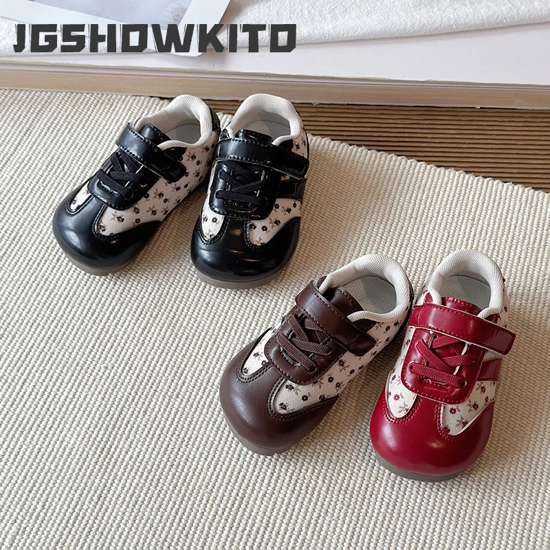 JGSHOWKITO Girls Patchwork Sneakers Vintage Floral Children Causal Shoes Soft Bottom School Non-slip Kids Sports Mary Jane Shoes
