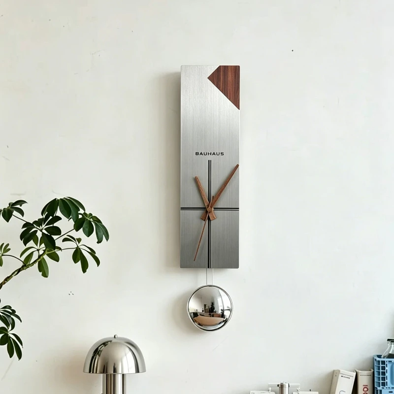 Bauhaus Stainless Steel Silent Wall Clock with Pendulum Minimalist Wall Watch Luxury Decor Clock for Living Room Home Ornament