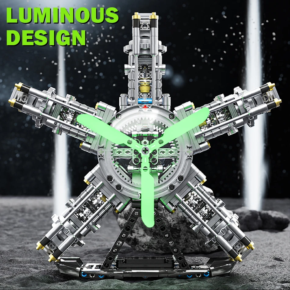 MOC ทางเทคนิคมอเตอร์ S-Cylinder Radial Engine Building Blocks พร้อมแสงไฟฟ้าเครื่องบินเครื่องยนต์อิฐของเล่นเด็กของขวัญ