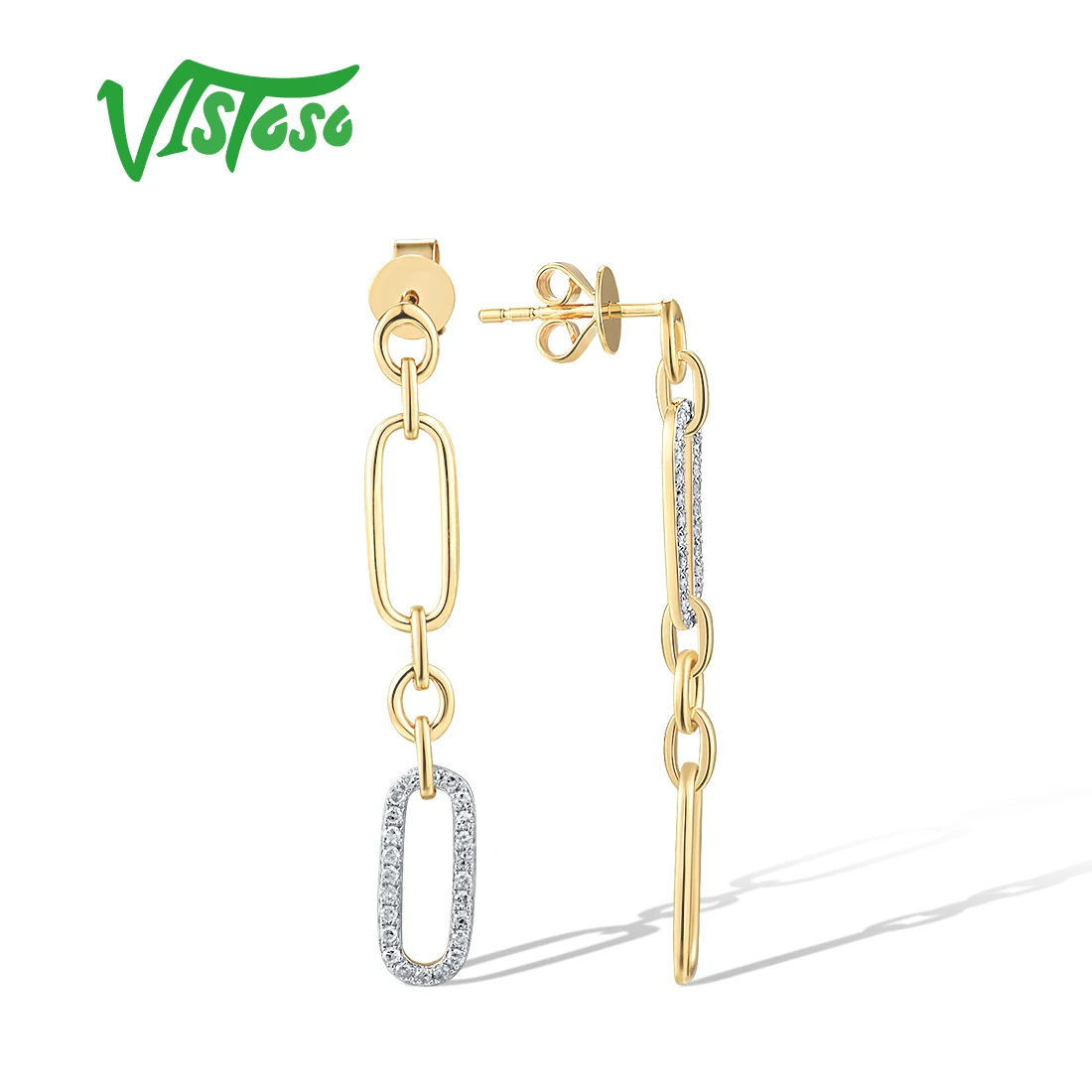 VISTOSO Pure 14K 585 Yellow Gold Drop Earrings For Women Sparkling Diamond Chain&Links Modern Daily Wearing Gifts Fine Jewelry