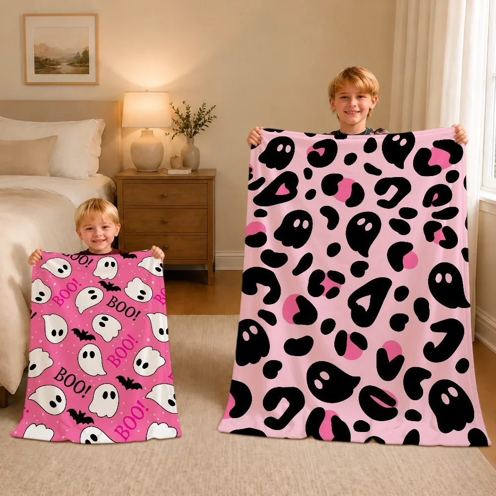 Cute Pink Halloween Art Ghost Pumpkin Warm Soft Plush Blanket For Sofa Living Room Nap Home Bedroom Travel Gift Flannel Hogar