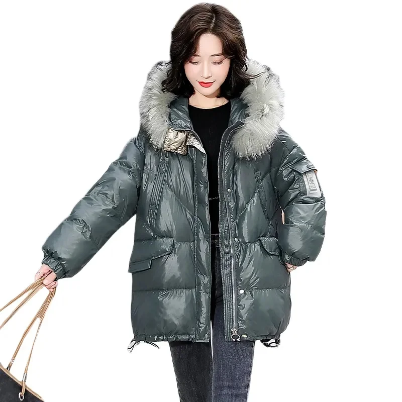 Down Cotton Jacket 2024 New Women\'s Mid Length Korean Version Loose Fitting Thick Jacket Large Woolen Collar Winter Hooded Outfi