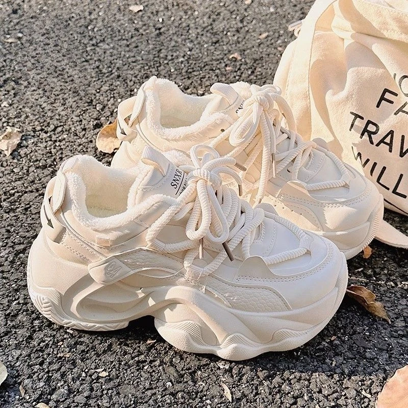 

Women 2025 Autumn Winter Dad Shoes White Sneakers Fleece Lined Thick Sole Height Increasing Korean Style Casual Versatile