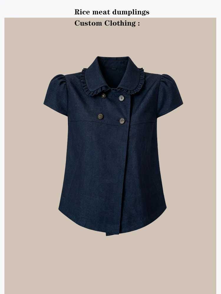 

Ruffle Collar Short Sleeve Denim Shirt Women's Summer Top Loose Fit Cotton Bubble Sleeve Girl Style Fashion Homebody