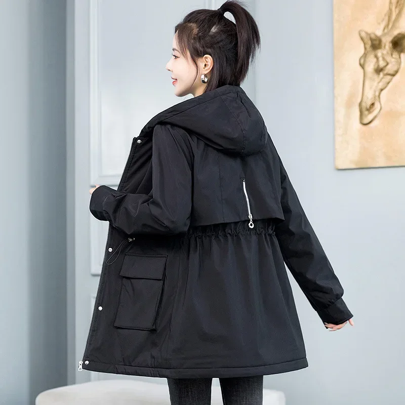 Women Coats Fur Hooded Thick Parkas Zipper Autumn Elastic Waist Midi Jackets Pockets Coats Elegant Coat Warm Winter 2024