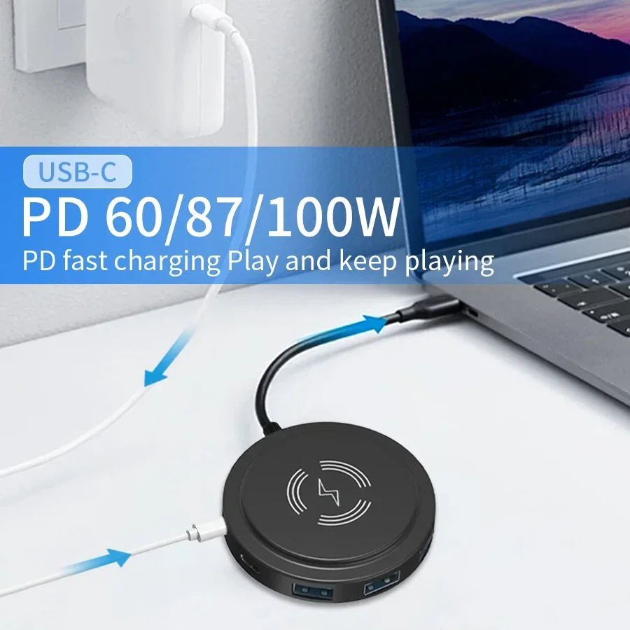 6 in 1 USB C ハブ ワイヤレス充電器付き 15W Type-C アダプター USB3.0 ドッキングステーション HDMI 4K PD 100W MacBook Air iPad ノートパソコン対応