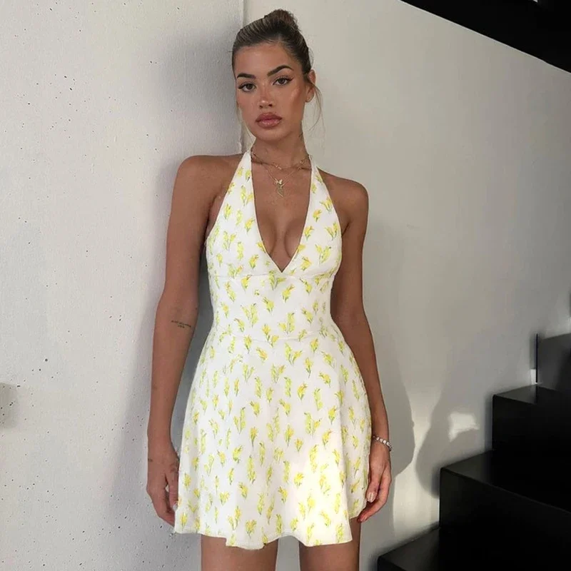 

Printed Chiffon Halter Short Dress Female V-neck Backless Sexy Vacation Party Outfits Fashion High Waist Women's Dress