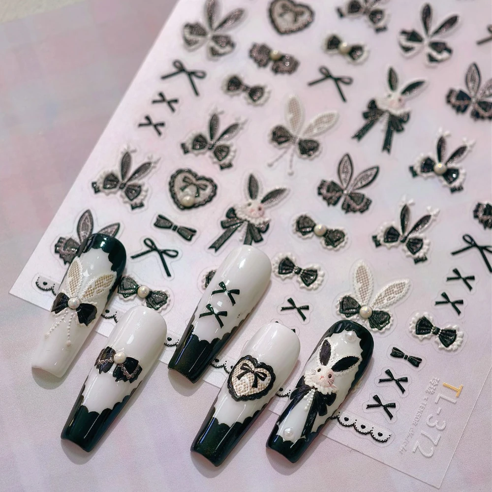 

Sweet Retro Black White Lace Bow Rabbit Ears Bunny Pearl 5D Reliefs Self Adhesive Nail Art Stickers Lovely 3D Manicure Decals