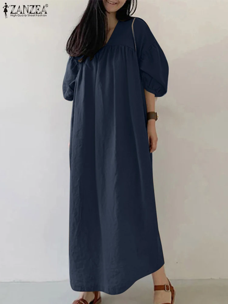 เดรสผู้หญิง ZANZEA ดีไซน์หรูหรา ประจำฤดูใบไม้ร่วงปี 2025 แขนทรงโคมไฟ 3/4 คอวี ทรงเอไลน์ หลวมสบาย เหมาะสำหรับทำงาน สไตล์เรียบหรู ผ้าสีพื้น ทรงยาวแบบคาฟตัน