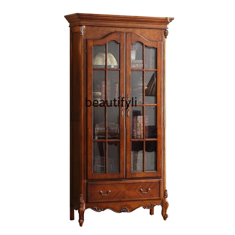 

Solid wood glass display bookcase bookshelf locker European study furniture storage cabinet