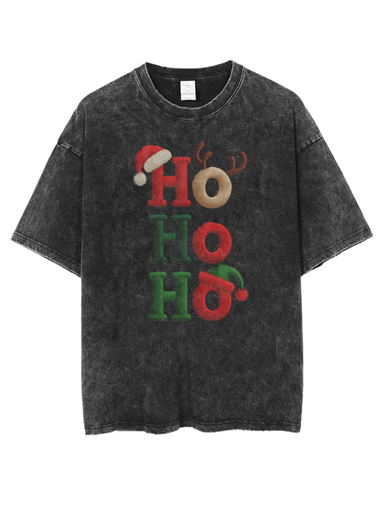 

Christmas hohoho Black Washed Round Neck T-Shirt Loose Fit Comfortable for Men Women Great for Winter Christmas