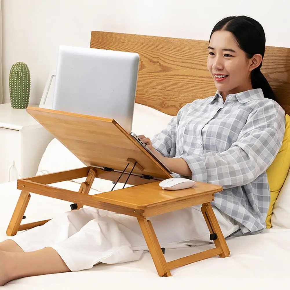 Over-Bed Table with 4 Tilt Angles Smooth Edge Strong Load-bearing Height Adjustable Collapsible Bamboo Portable Folding Desk