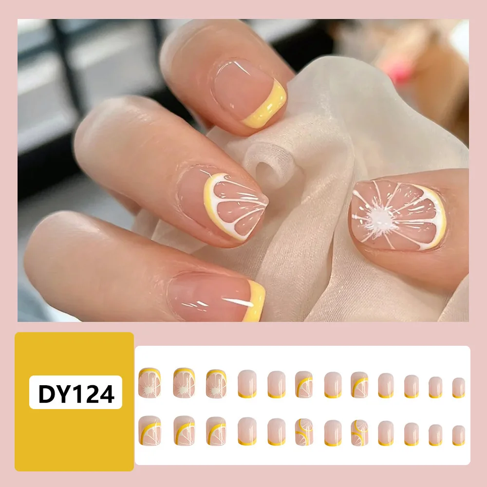 24pcs False Nails Summer Party Press on Nails Art Fruit Lemon Design Fake Nails for Vacation Beach Holiday DIY Manicure Kit