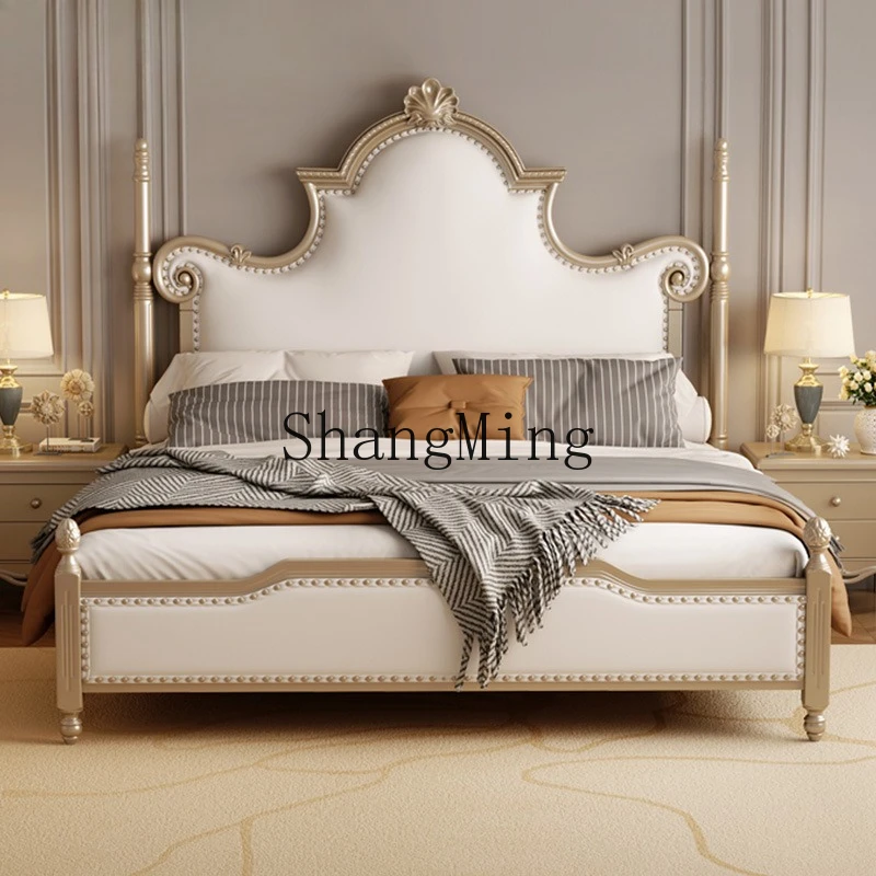 

CL Light Luxury Genuine Leather Bed Master Bedroom Genuine Leather Upholstered Large Bed Cream Style Sunflower Wood Bed 1.8m