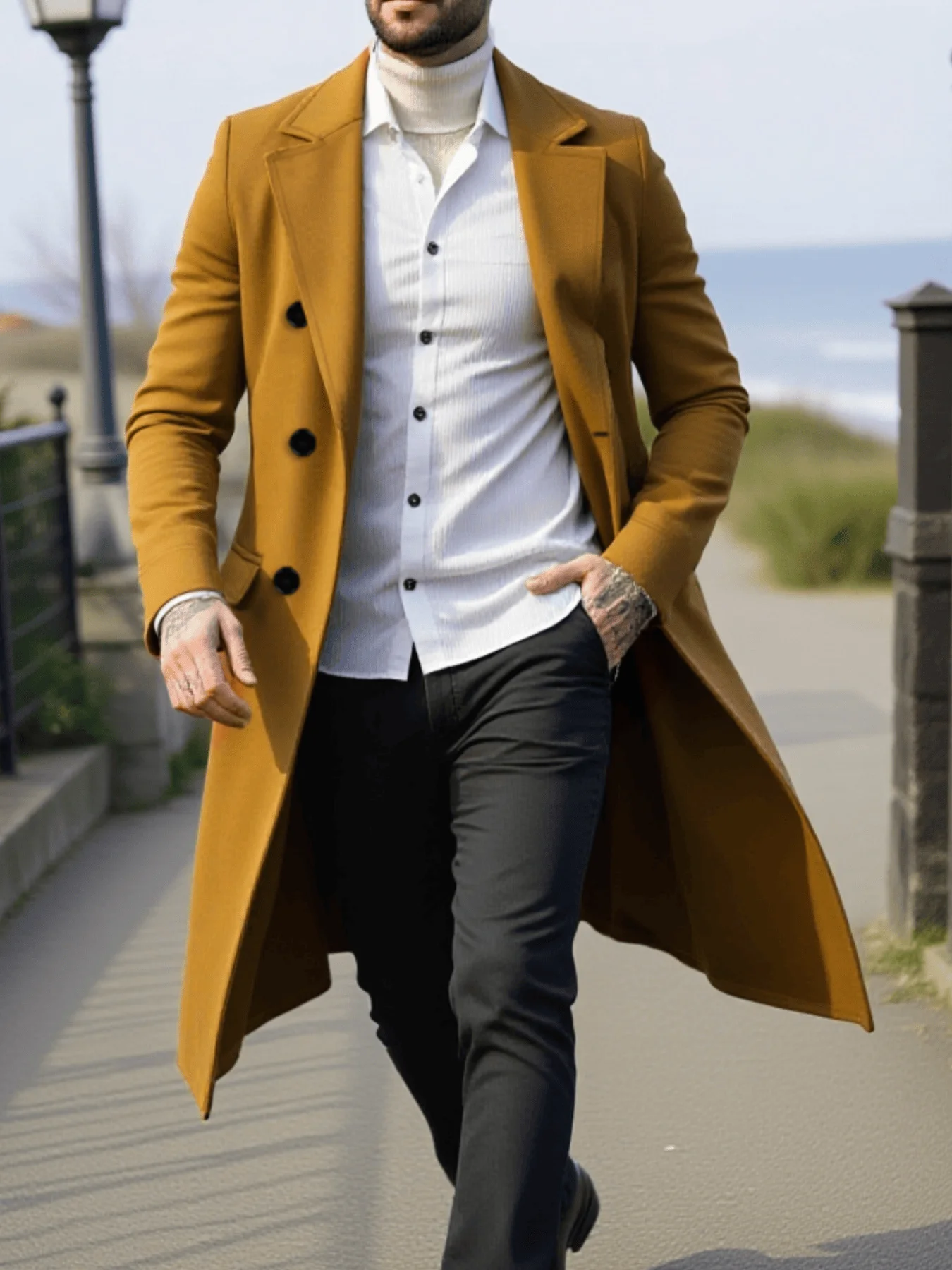 Nowy dwurzędowy płaszcz przeciwdeszczowy, gruby trencz z ciepłą podszewką, modny i popularny płaszcz trencz