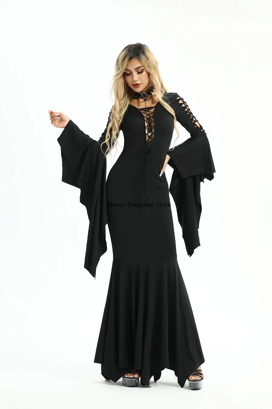 Halloween Costume Bat Vampire Gothic Style Medieval Dress Witch Long Sleeved Dress