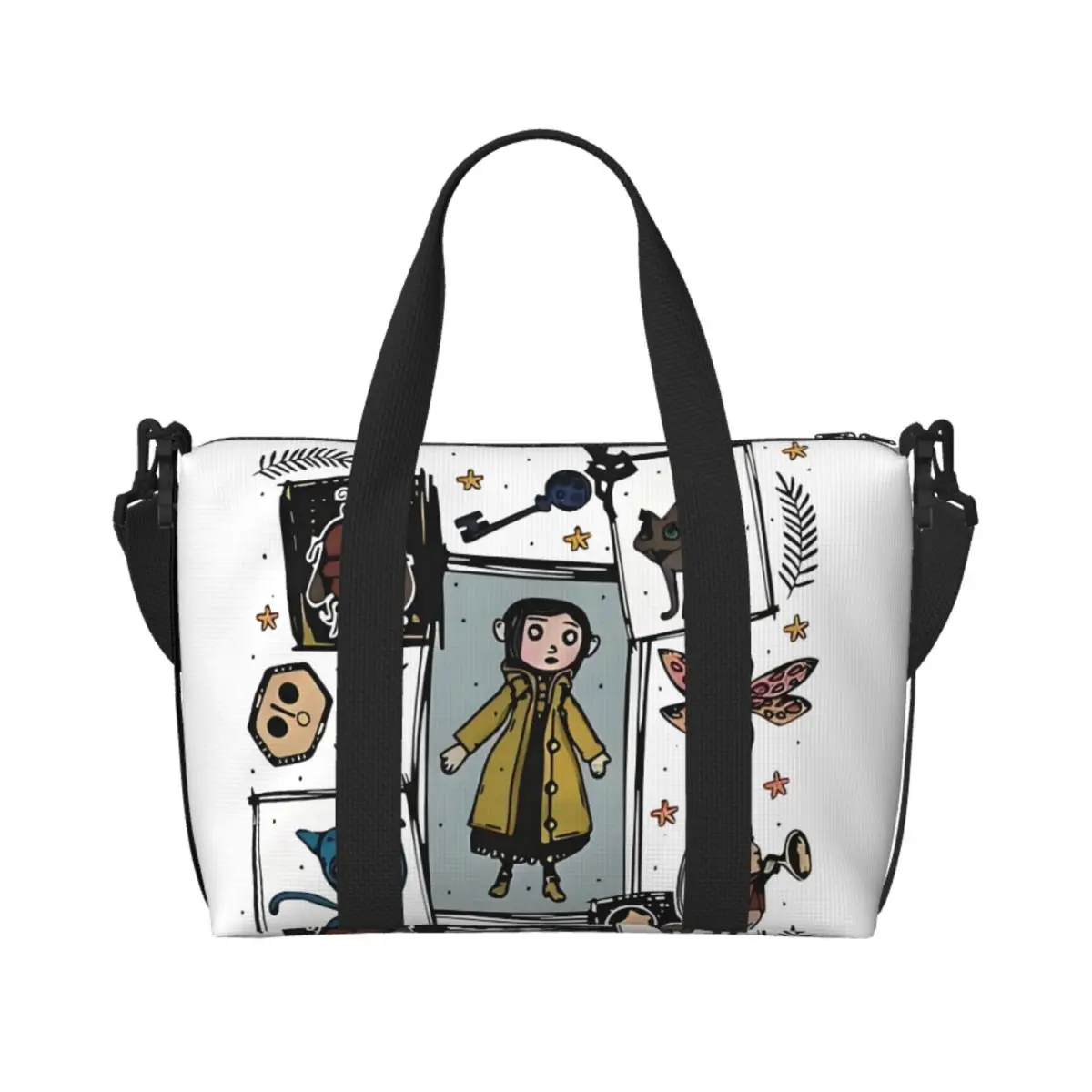 

Custom Coraline Twitchy Witchy Girl Tote Bag for Women Large Capacity Scary Movie Cartoon Beach Gym Travel Bags