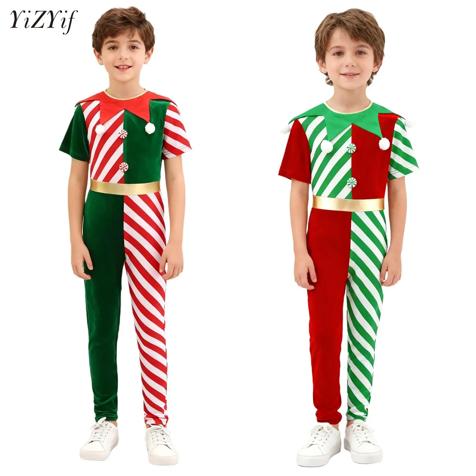 

Boys Christmas Elf Clothing Girls Patchwork Pompom Adorned Long Pants Jumpsuit Children Xmas Birthday Elves Cosplay Costume