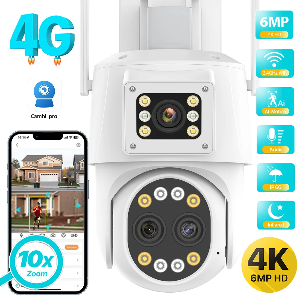 4K 6MP HD 4G SIM Card IP Camera WIFI PTZ Camera Three-Lens Dual Screen 10X Zoom Auto Tracking CCTV Video Surveillance Camhi Pro