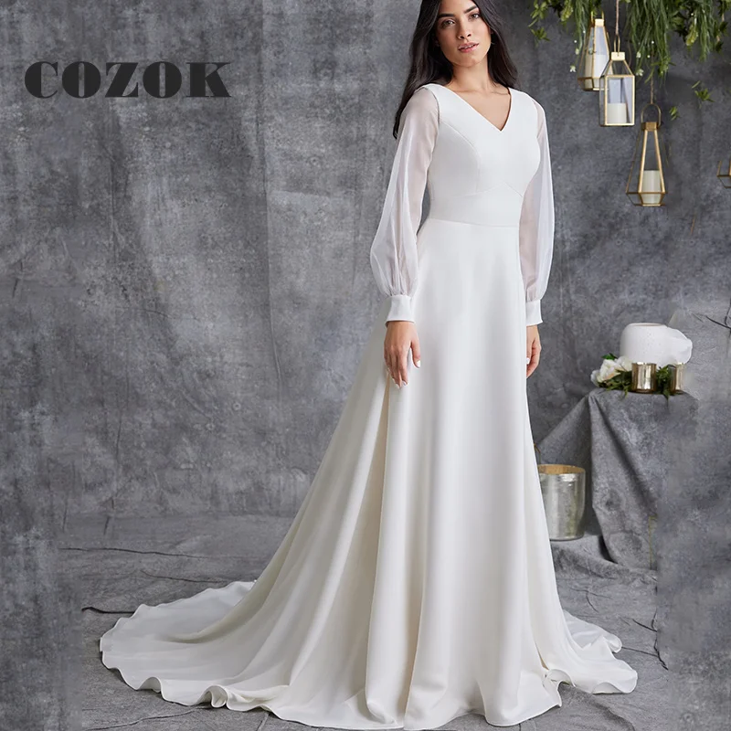 Gaun pernikahan lengan panjang kerah V sederhana gaun pengantin ritsleting panjang A Line elegan Satin gaun pengantin Robe De mariee kustom Y84W