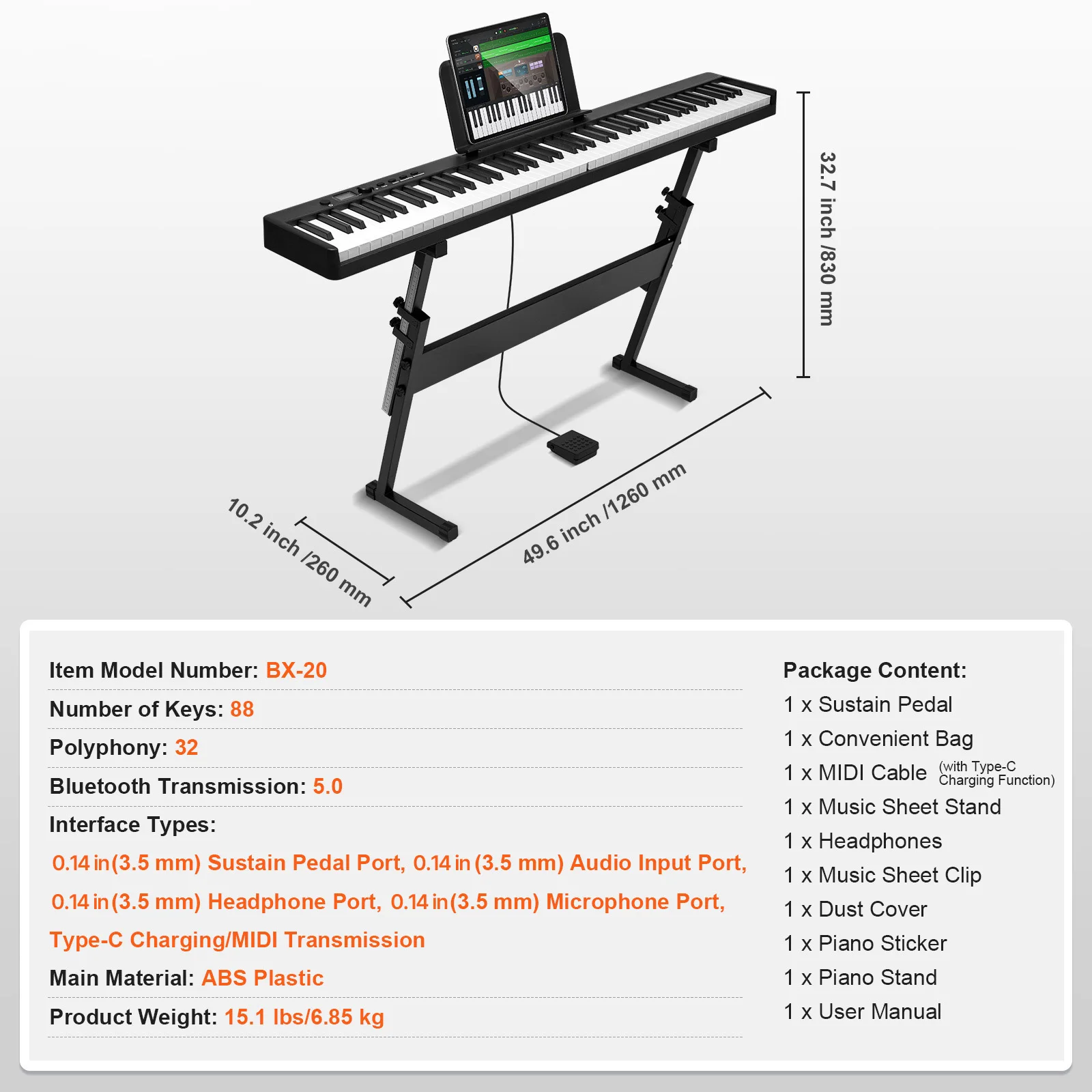 SucceBuy 88-toetsen opvouwbare toetsenbordpiano Bluetooth, MIDI draagbare elektronische digitale opvouwbare piano oplaadbaar voor beginnersgebruik