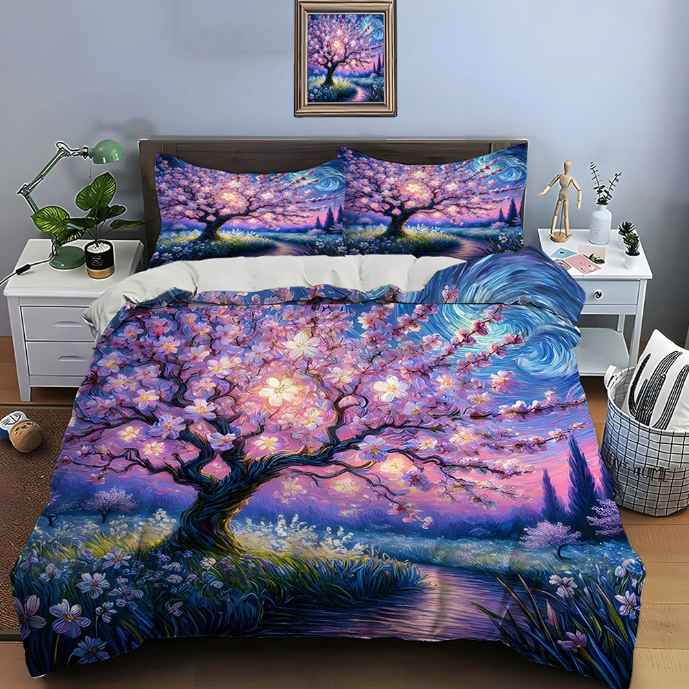 Blossoming Cherry Tree Under Starry Sky Bedding Set for Kids Luxury Gift 3pcs Digital Print Comforter Set Soft Comfortable
