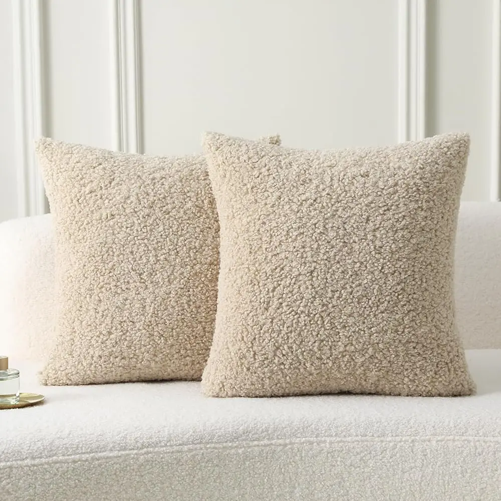 

Beige Throw Pillow Covers 16X16 H Set Of 2,Furry Teddy Boucle Textured Cushion Covers,Soft Fluffy Decorative Pillow Case,Home