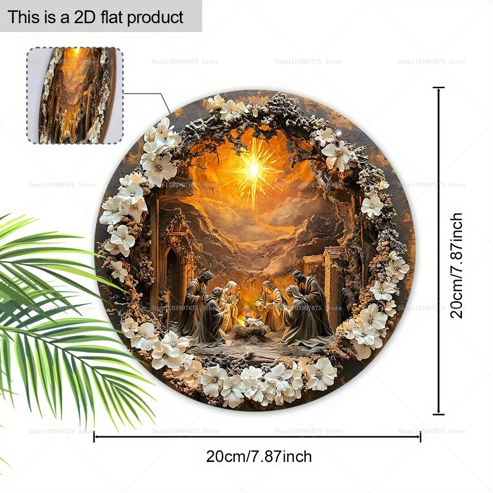 Nativity Scene Wooden Sign Guard Jesus Christmas Wreath Round Sign for Church Door Wall Hanging Decor Ideal Gift for Christian