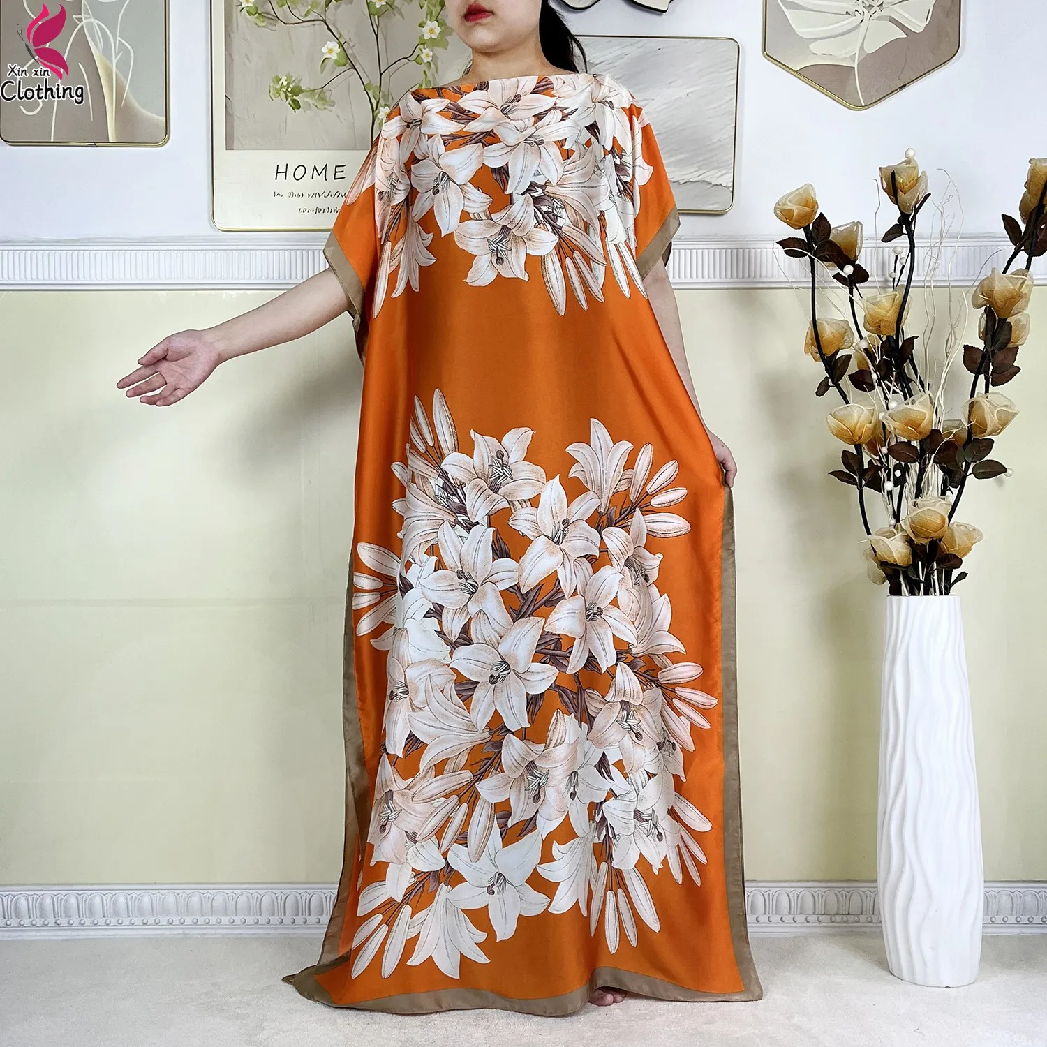 Nouvelle mode Robe d'été tissu en soie dubaï turquie caftan musulman ample Abaya femmes Dashiki africain décontracté imprimé fleuri Robe ample