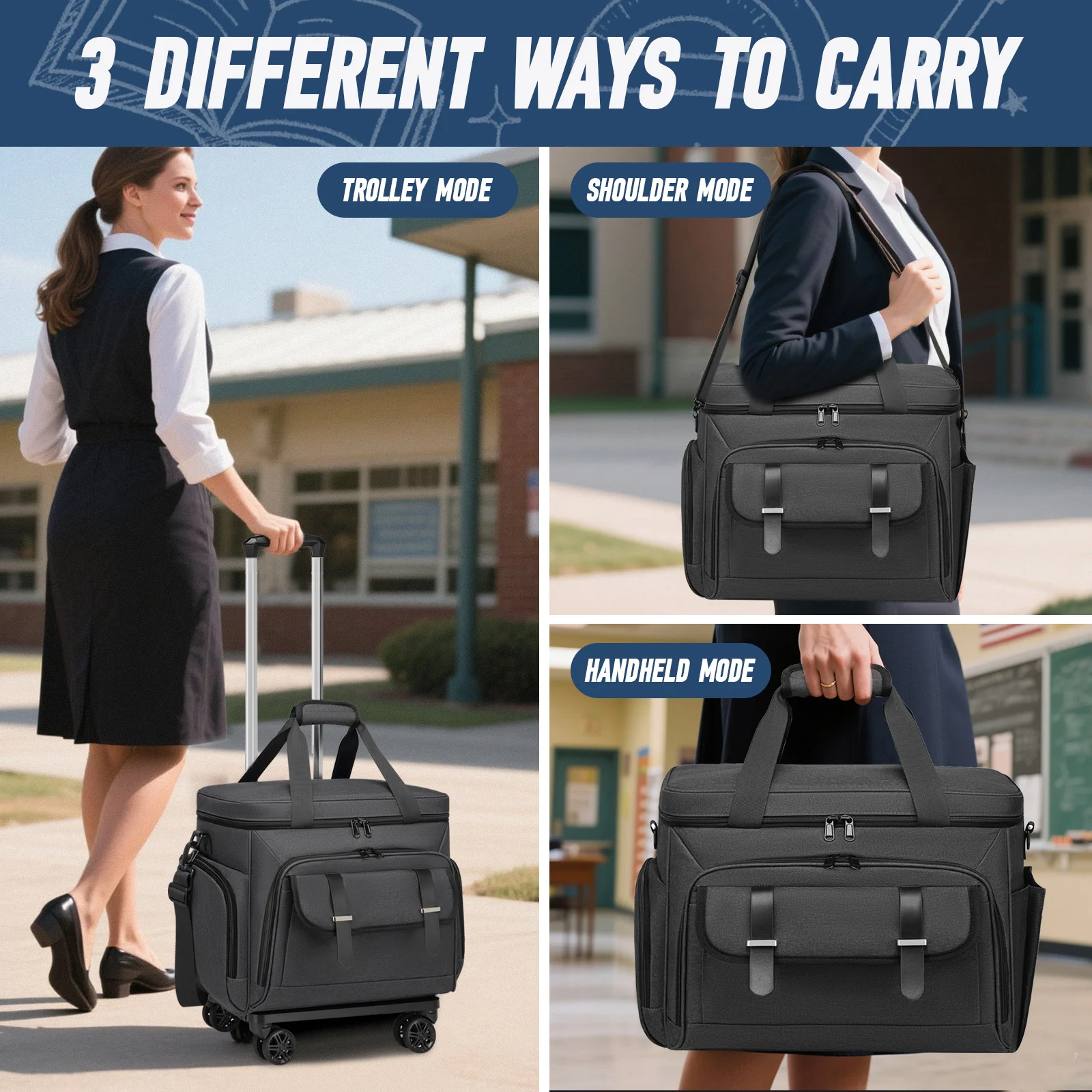 Rolling Teacher Tote Bag Large Tote Bag With Detachable Wheels Trolley 15.6 Inch Laptop Wheeled Teacher Bag for Work Office