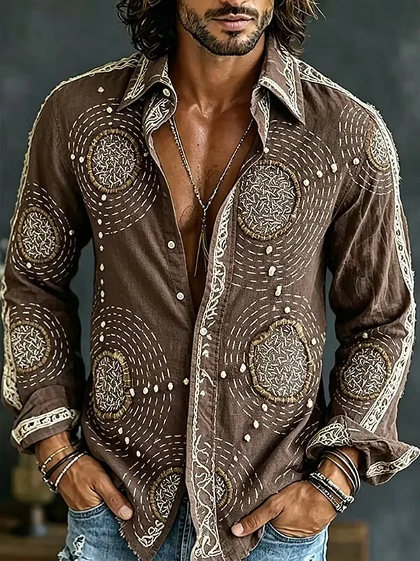 New retro patchwork Chinese style flower and bird print men's long sleeved shirt artistic casual shirt clothing