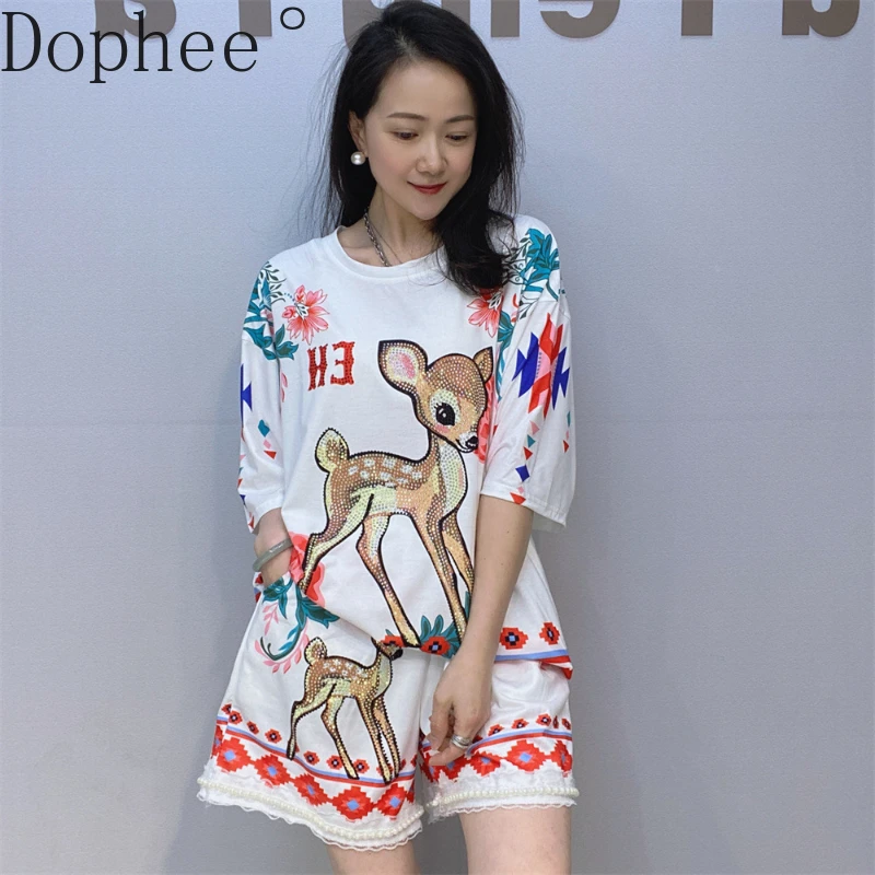 2025 New Summer Casual Women Two-piece Set Cute Dear Hot Drilling T-shirt Half Sleeve O-neck Tops + Beads Wide Leg Shorts Suits