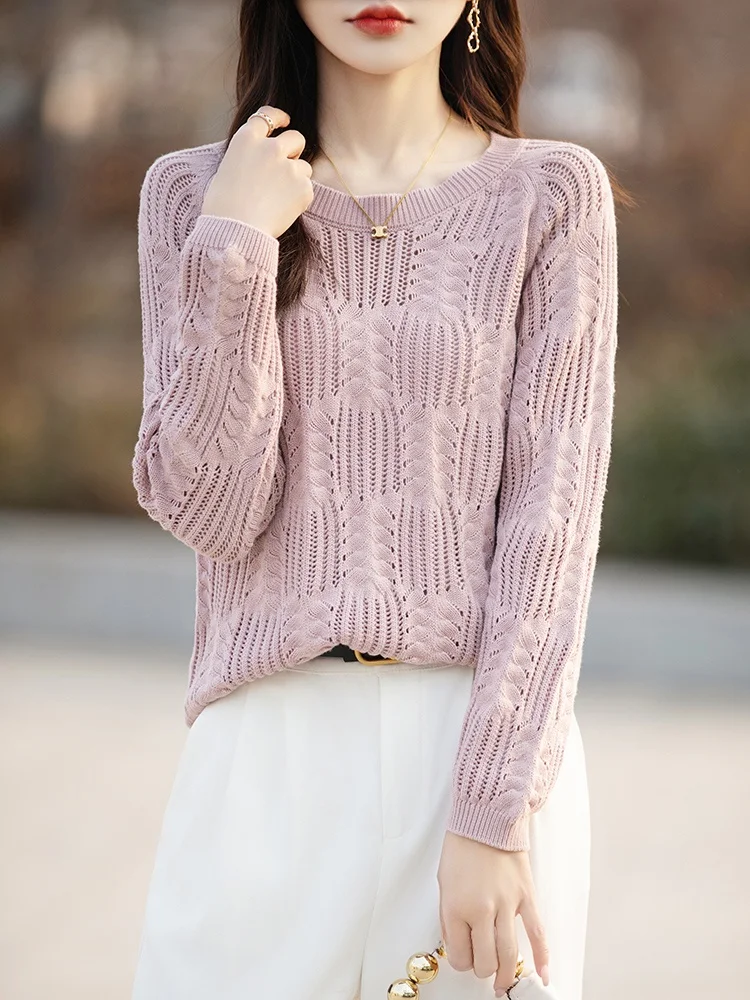 

Autumn New Sle Women's Pure Cotton Knitted Hollow out Long Sve Base irt Thin Cotton Top Versatile round Ne Pullover