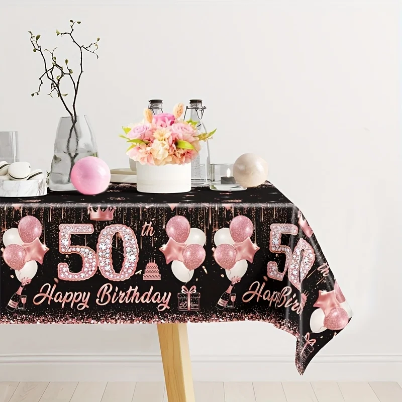 1pc 50th Birthday Rose Golden PE Tablecloth - 51.18x86.61inch Disposable Table Cover with Balloon & Cake Design, Happy Birthday