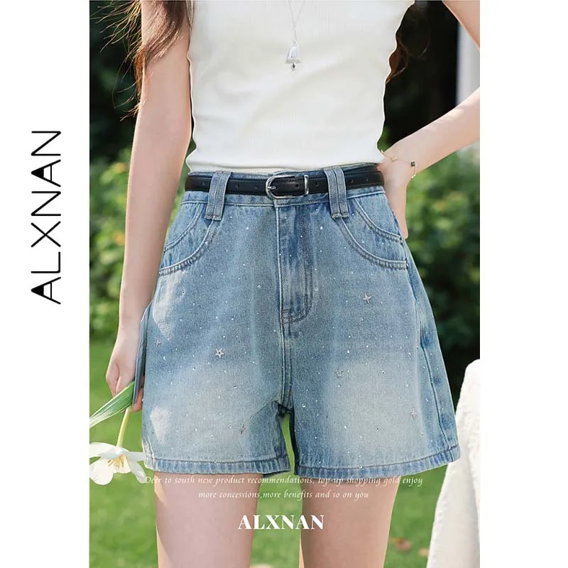 ALXNAN Blue Rhinestone Denim Shorts Women Summer Thin Slim High Waist A-line Wide Leg Casual Pants Short Vintage Jeans L661120