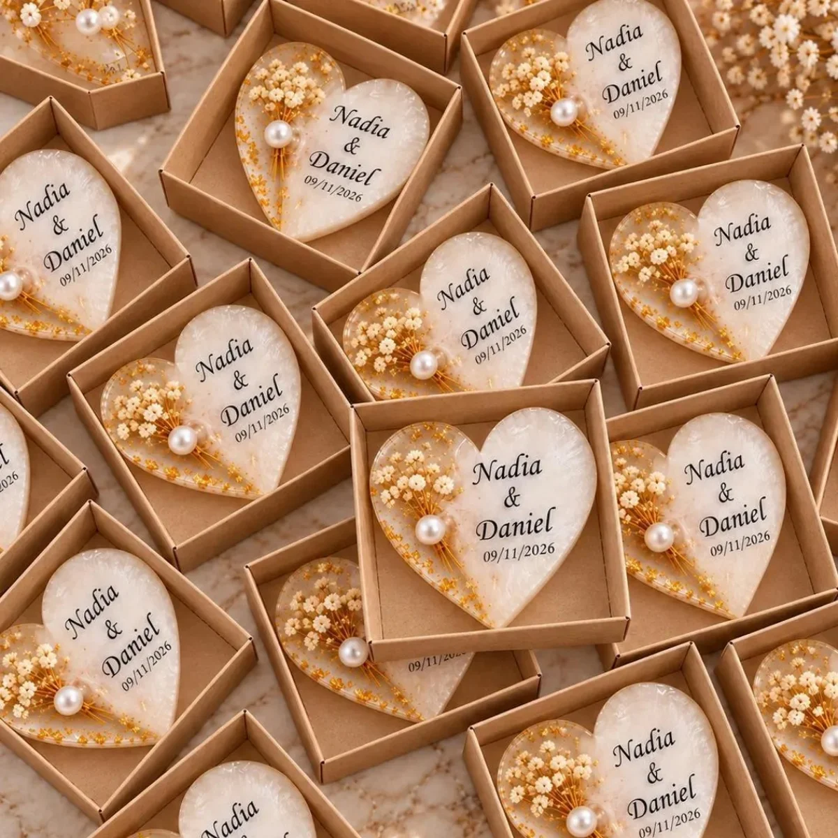 Elegant Heart Wedding Magnets, Dried Flower Wedding Favors, Custom Wedding Guest Gifts,Engagement Gift,Baby Shower