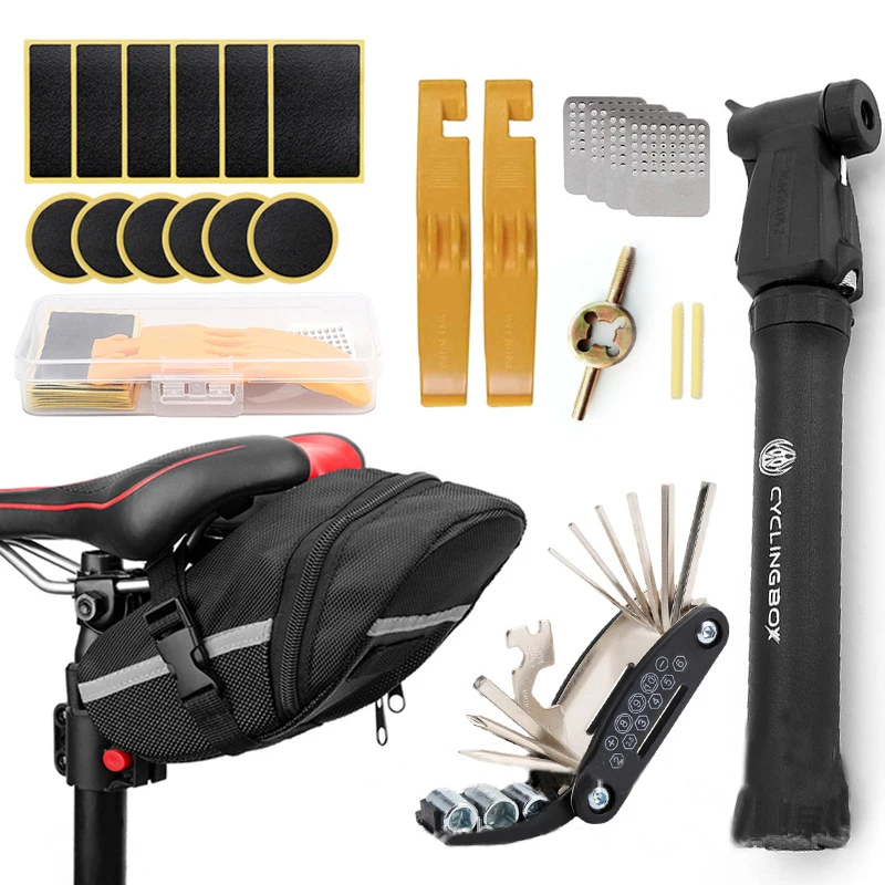 Portable Bicycle Repair Tools Kit Bike Repair Tools Kit Pump Saddle Bag Tire Patch Multi-functional Wrench Tool Set Accessories