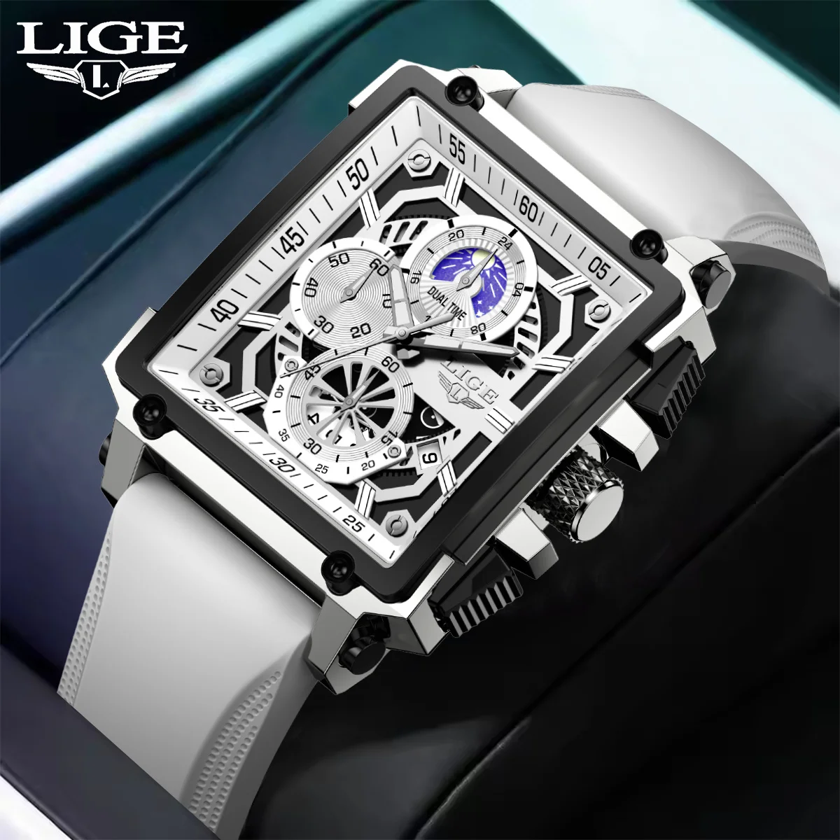 LIGE Luxo Mens Relógio Calendário Militar Relógios de Quartzo para Homens À Prova D 'Água Fase da Lua Branco Silicone Esporte Homem Relógio Cronógrafo
