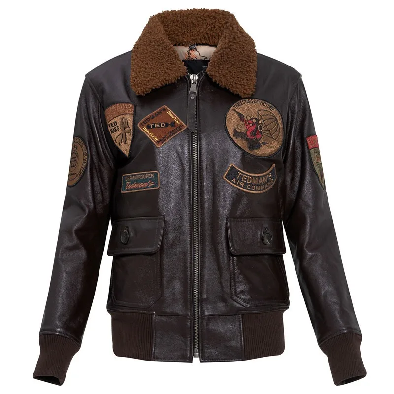 2024 New Women\'s Embroidery Insignia Head Layer Cowhide Leather Jacekt Paratroopers Air Force G1 Pilot Wool Collar Female Jacket