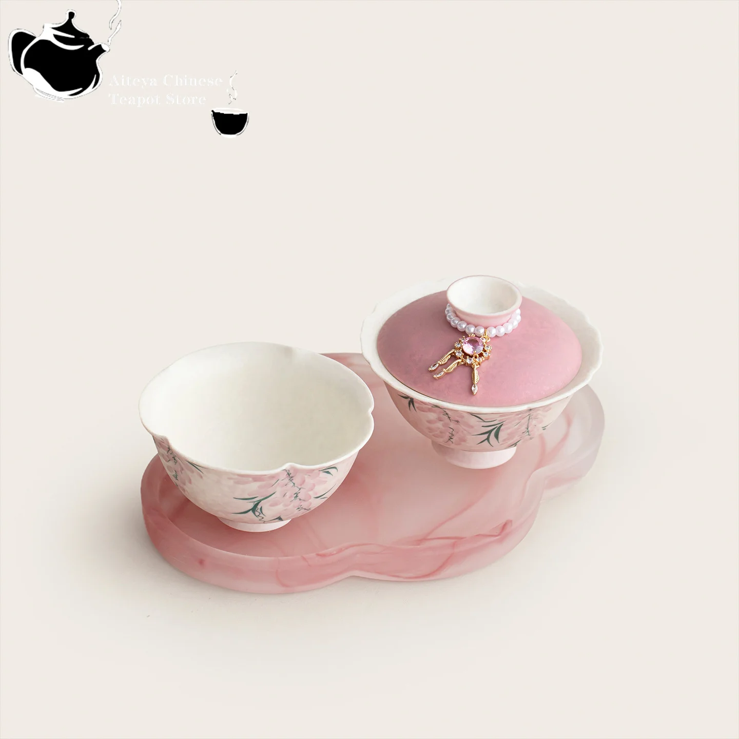 Chinese tea set hand-painted powder mist wisteria flower covered bowl set Kung Fu tea set with tea bowl and tray
