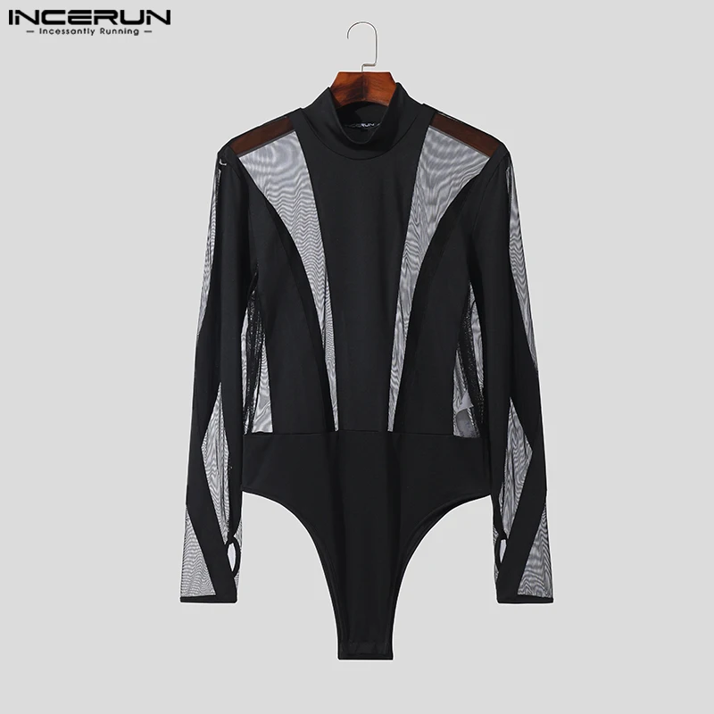 Incerun-malha patchwork bodysuits dos homens, gola alta, manga comprida, macacão sexy, camisetas transparentes, moda streetwear, 2023