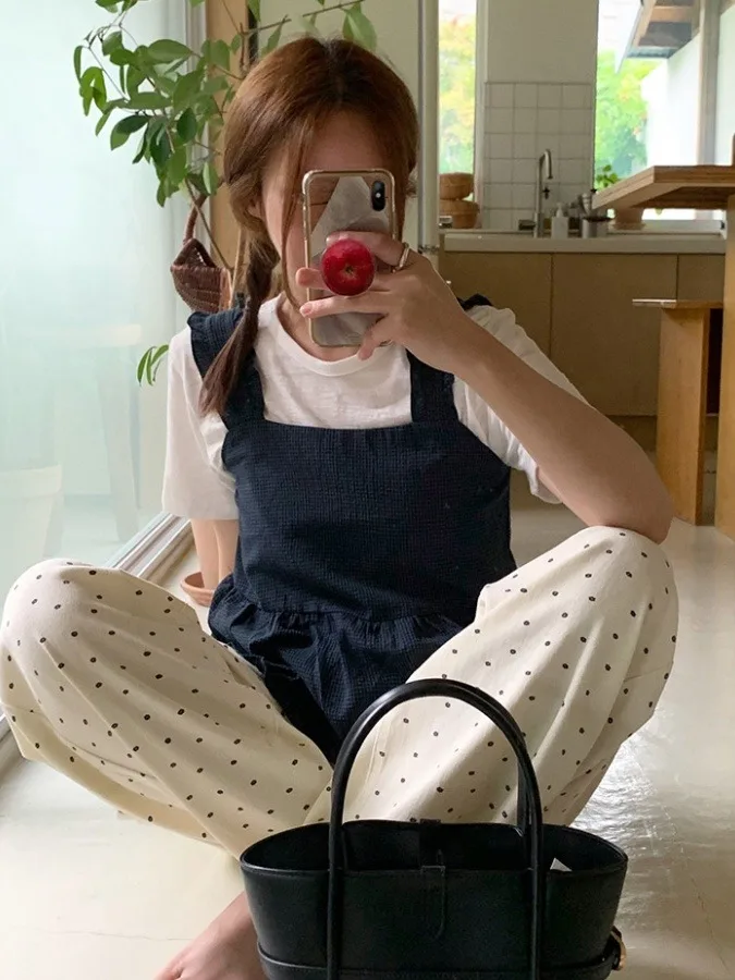 Retro Summer Checkered Vest Top with Bow Tie Wooden Ear Back Strap Versatile Cute Fashionable Commute Style Spring Autumn