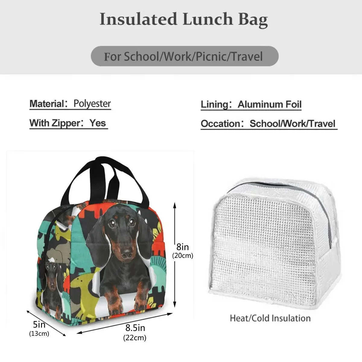 Oxford Solid Thermal Insulation Kids Lunch Bags Funny Dachshund Prints Women Portable Picnic Lunch Box Aluminum Food Bag