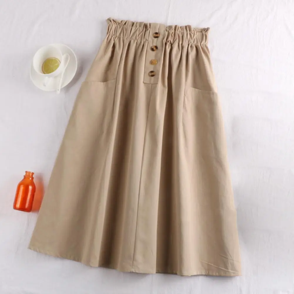 Summer Autumn Skirts Womens Midi Knee Length Korean Elegant Button High Waist Skirt Female Pleated School Skirt