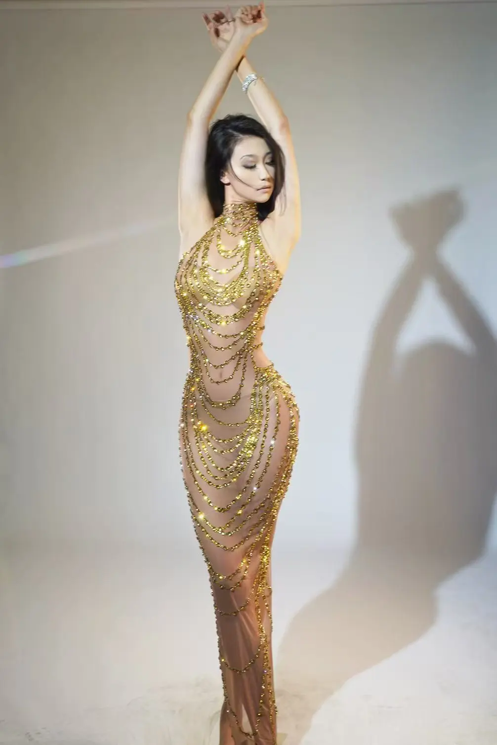 Women Luxury Sparkly Gold Rhinestone Transparent Mesh Long Dress Birthday Party gown sexy stage singer performance show costume
