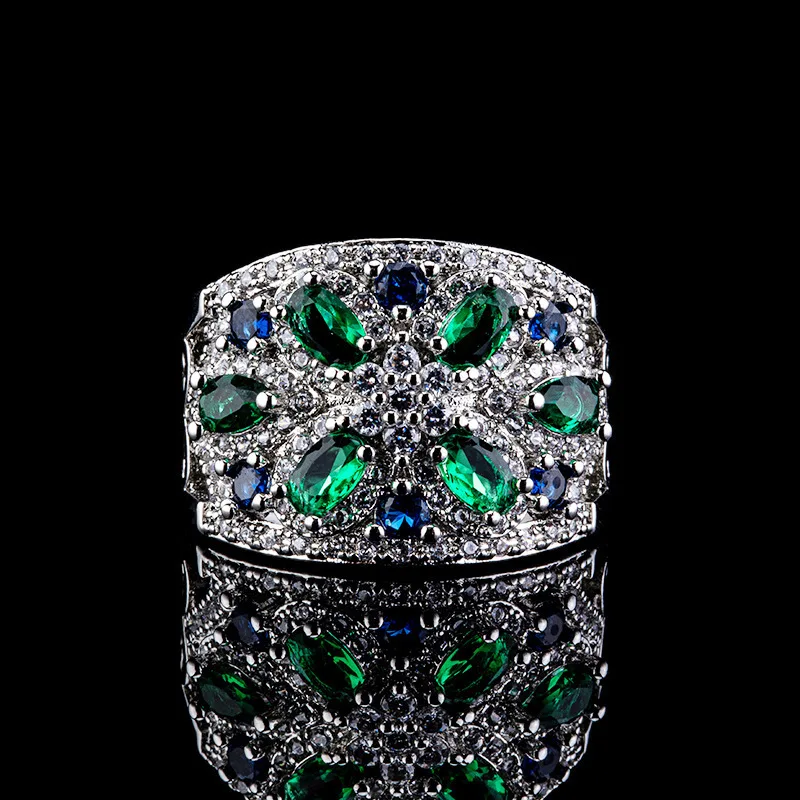 

Creative blue-green gemstone flower exaggerated luxury rings for women vintage style shining inlay diamond ring charms jewelry