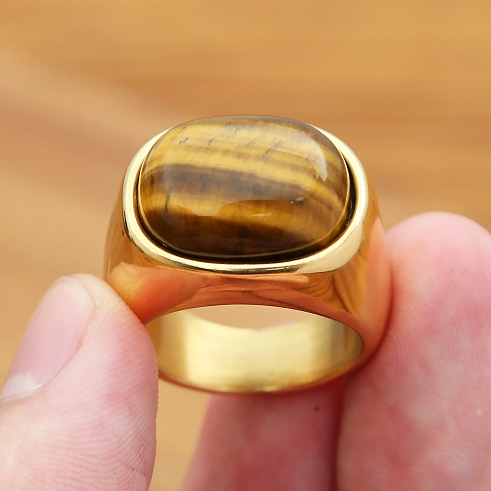 Fashion Punk Golden Color Tiger Eye Brown Stones Rings For Men Women Classic Simple Stainless Steel Stone Ring Party Jewelry