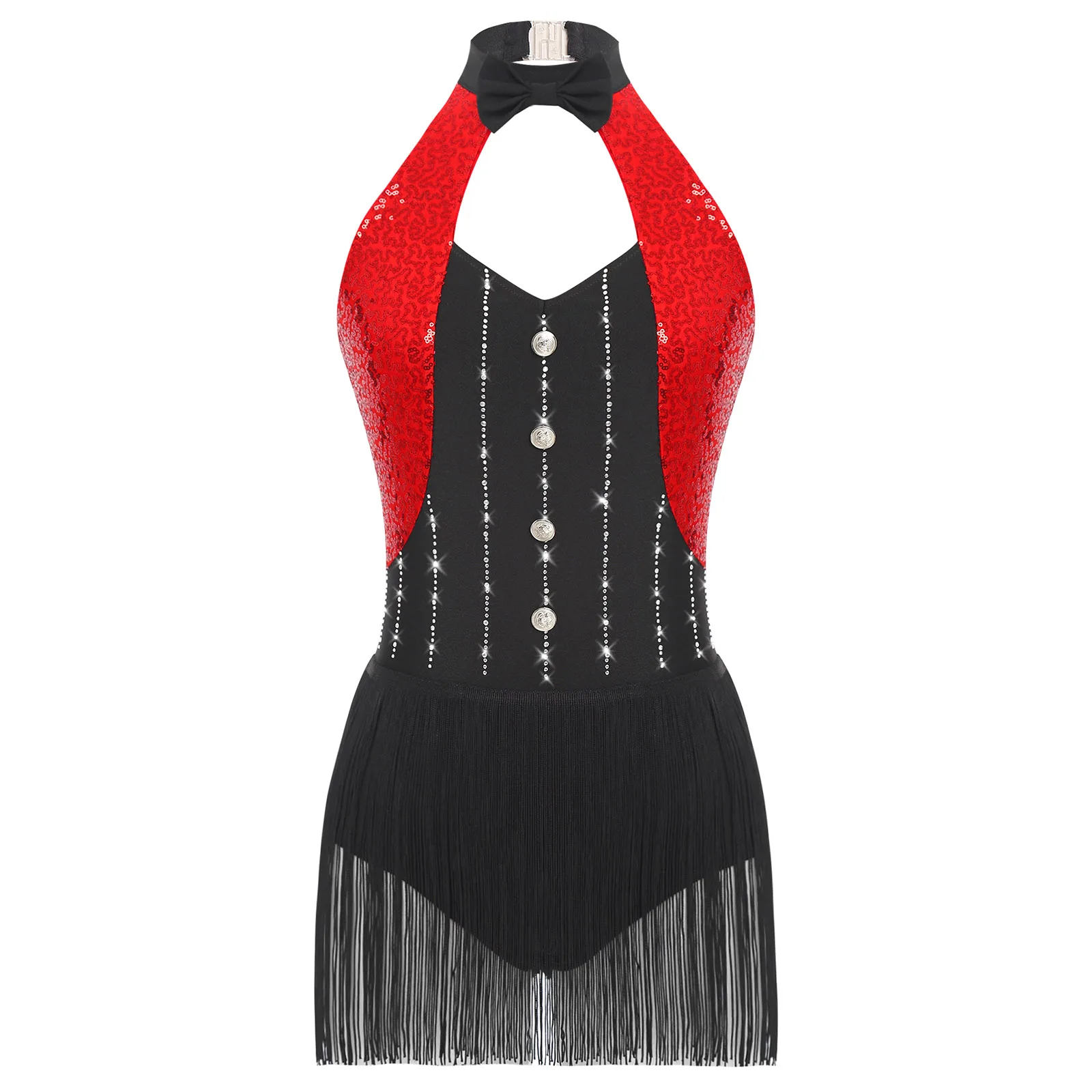 Women Jazz Latin Dance Leotard Tango Cha-cha Salsa Ballroom Performance Costumes Shiny Sequins Tassel Fringe Dancewear Jumpsuits