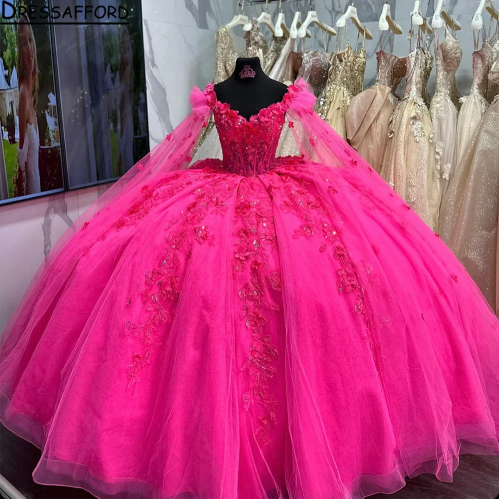 

Rose Red Quinceanera Dress With Wraps Off The Shoulder Applique Lace Tull Ball Gown vestidos para 15 vestido años Sequined